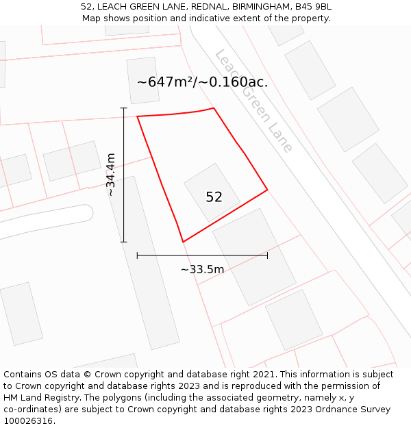 52, LEACH GREEN LANE, REDNAL, BIRMINGHAM, B45 9BL: Plot and title map