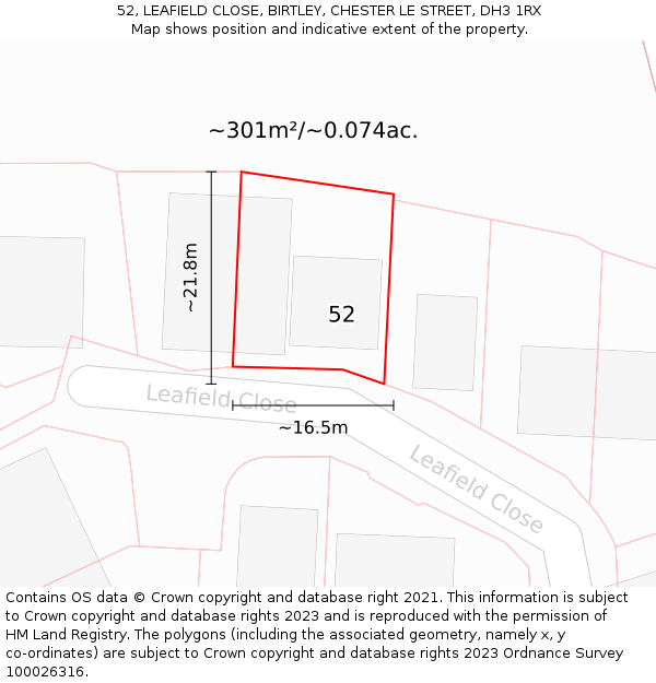 52, LEAFIELD CLOSE, BIRTLEY, CHESTER LE STREET, DH3 1RX: Plot and title map