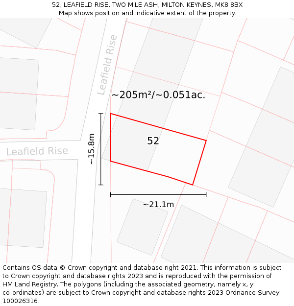 52, LEAFIELD RISE, TWO MILE ASH, MILTON KEYNES, MK8 8BX: Plot and title map