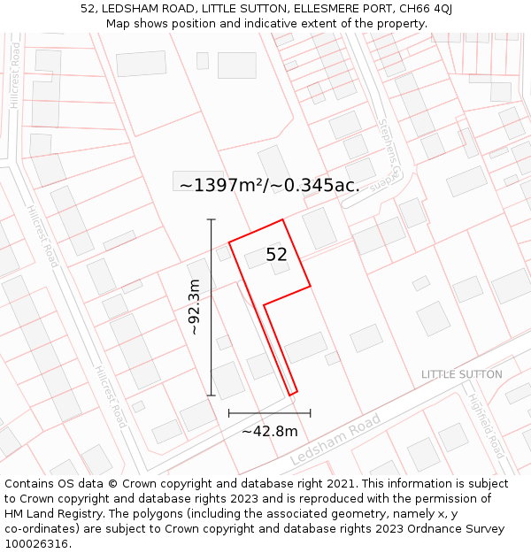 52, LEDSHAM ROAD, LITTLE SUTTON, ELLESMERE PORT, CH66 4QJ: Plot and title map