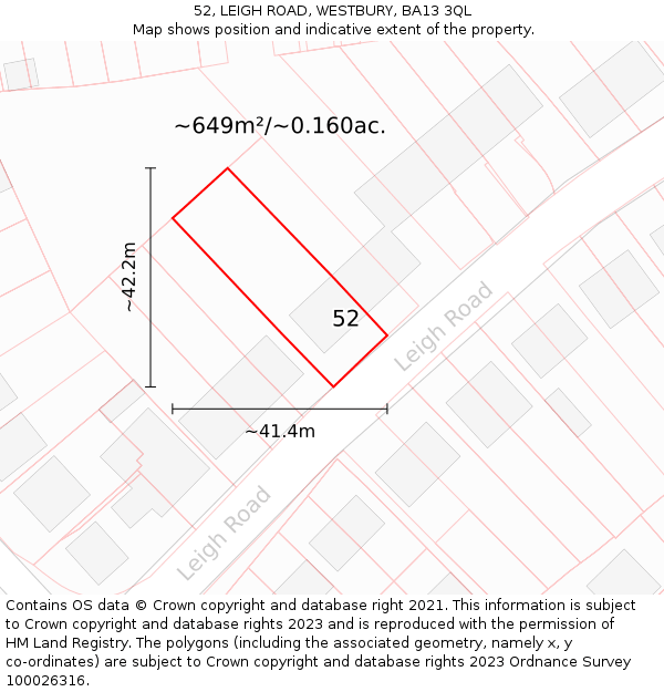 52, LEIGH ROAD, WESTBURY, BA13 3QL: Plot and title map