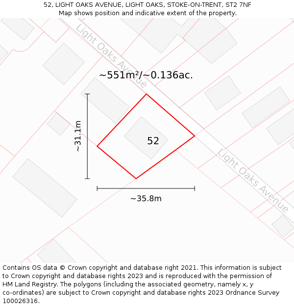 52, LIGHT OAKS AVENUE, LIGHT OAKS, STOKE-ON-TRENT, ST2 7NF: Plot and title map