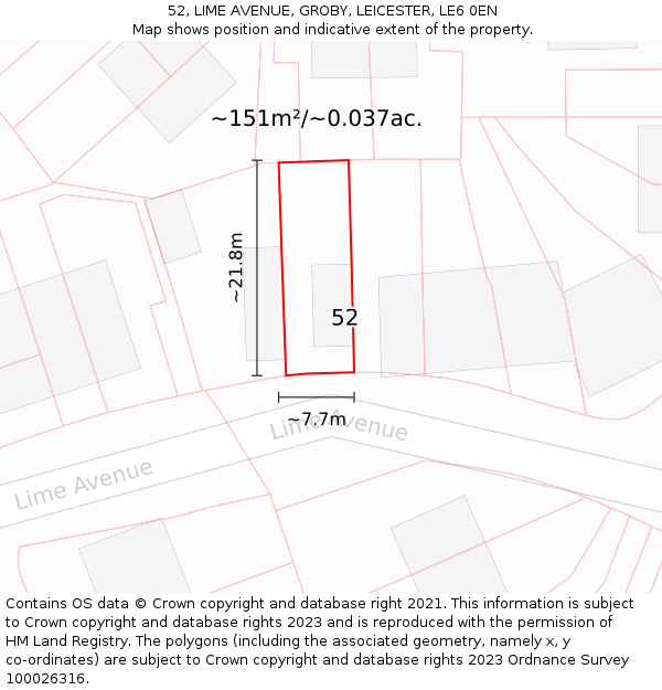 52, LIME AVENUE, GROBY, LEICESTER, LE6 0EN: Plot and title map