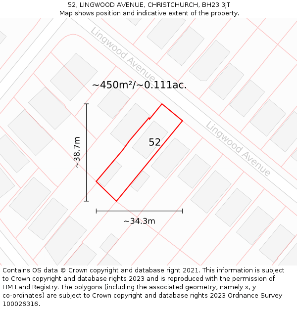 52, LINGWOOD AVENUE, CHRISTCHURCH, BH23 3JT: Plot and title map