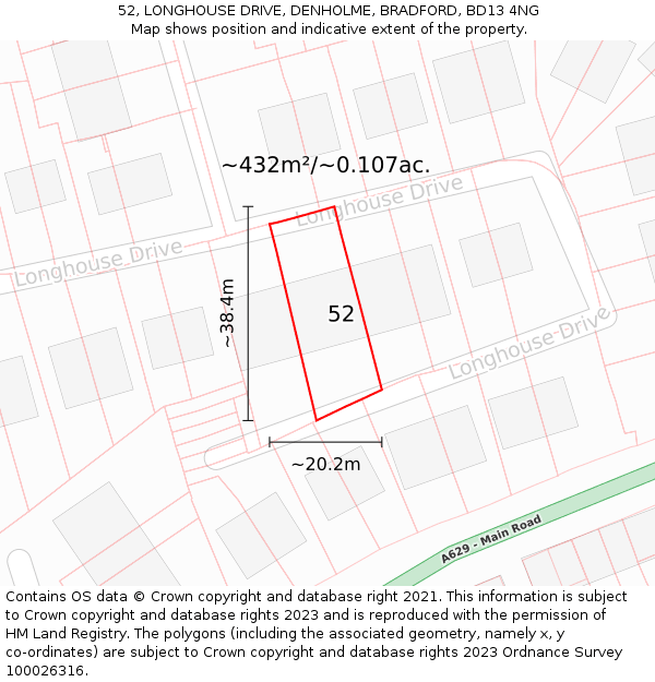 52, LONGHOUSE DRIVE, DENHOLME, BRADFORD, BD13 4NG: Plot and title map