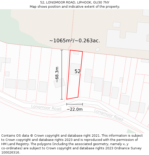 52, LONGMOOR ROAD, LIPHOOK, GU30 7NY: Plot and title map