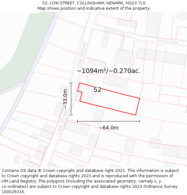 52, LOW STREET, COLLINGHAM, NEWARK, NG23 7LS: Plot and title map