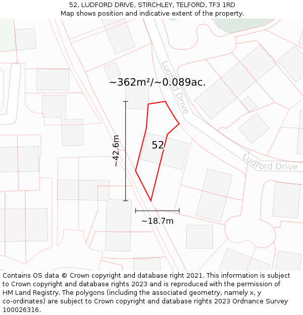 52, LUDFORD DRIVE, STIRCHLEY, TELFORD, TF3 1RD: Plot and title map