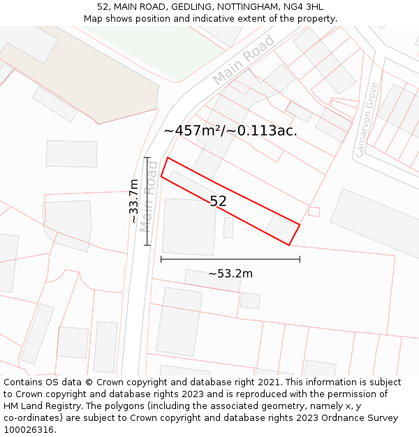 52, MAIN ROAD, GEDLING, NOTTINGHAM, NG4 3HL: Plot and title map