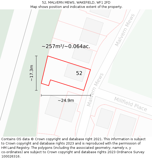 52, MALVERN MEWS, WAKEFIELD, WF1 2FD: Plot and title map