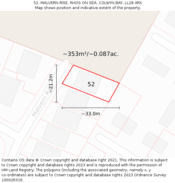 52, MALVERN RISE, RHOS ON SEA, COLWYN BAY, LL28 4RX: Plot and title map