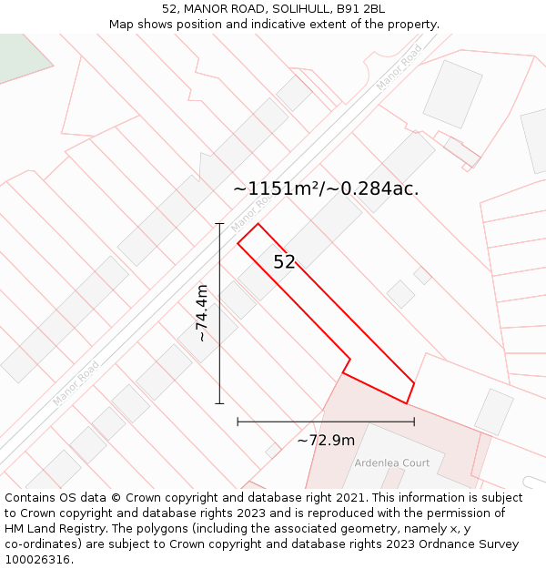 52, MANOR ROAD, SOLIHULL, B91 2BL: Plot and title map