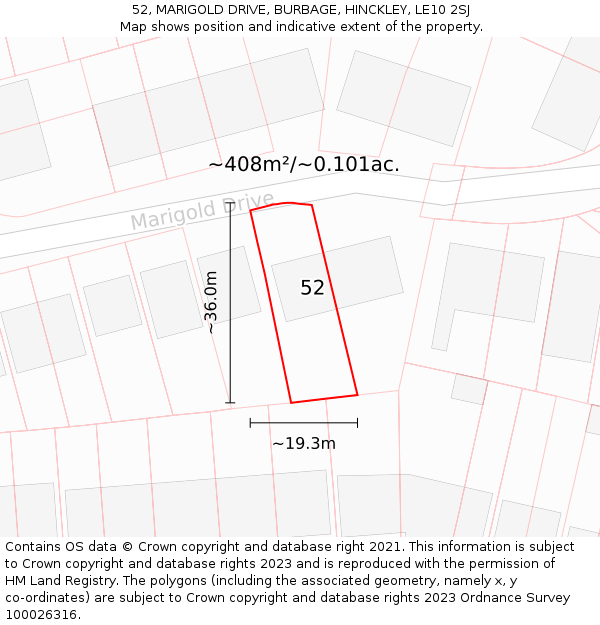 52, MARIGOLD DRIVE, BURBAGE, HINCKLEY, LE10 2SJ: Plot and title map