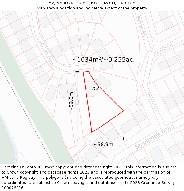 52, MARLOWE ROAD, NORTHWICH, CW9 7GA: Plot and title map