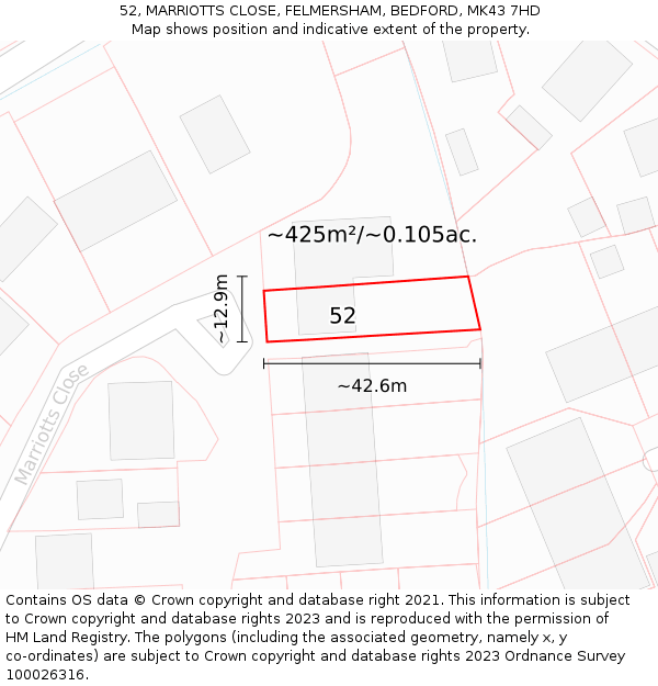 52, MARRIOTTS CLOSE, FELMERSHAM, BEDFORD, MK43 7HD: Plot and title map