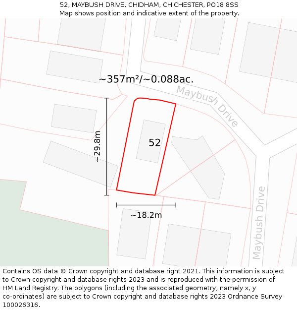 52, MAYBUSH DRIVE, CHIDHAM, CHICHESTER, PO18 8SS: Plot and title map