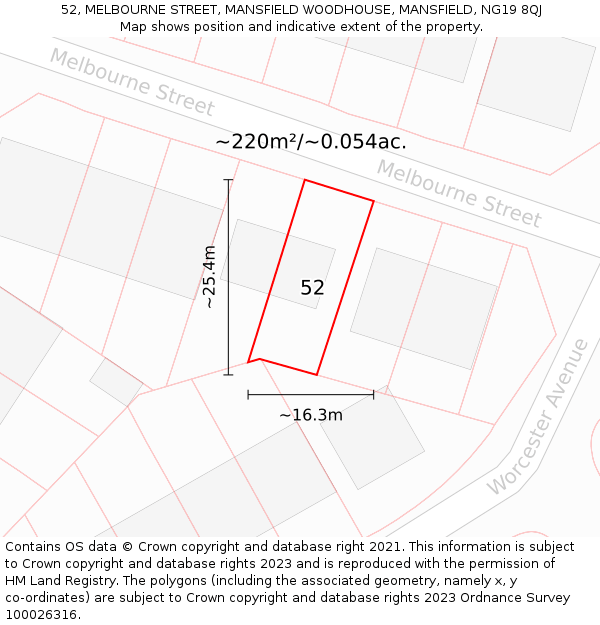 52, MELBOURNE STREET, MANSFIELD WOODHOUSE, MANSFIELD, NG19 8QJ: Plot and title map