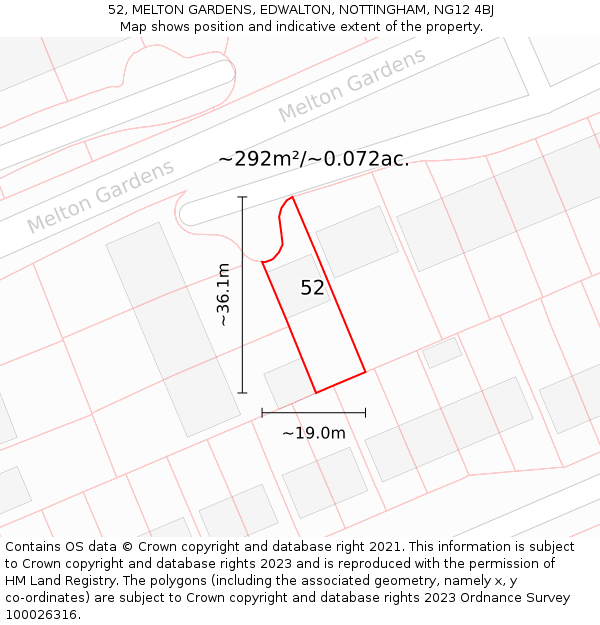 52, MELTON GARDENS, EDWALTON, NOTTINGHAM, NG12 4BJ: Plot and title map