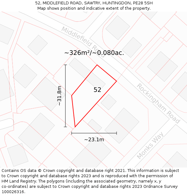 52, MIDDLEFIELD ROAD, SAWTRY, HUNTINGDON, PE28 5SH: Plot and title map