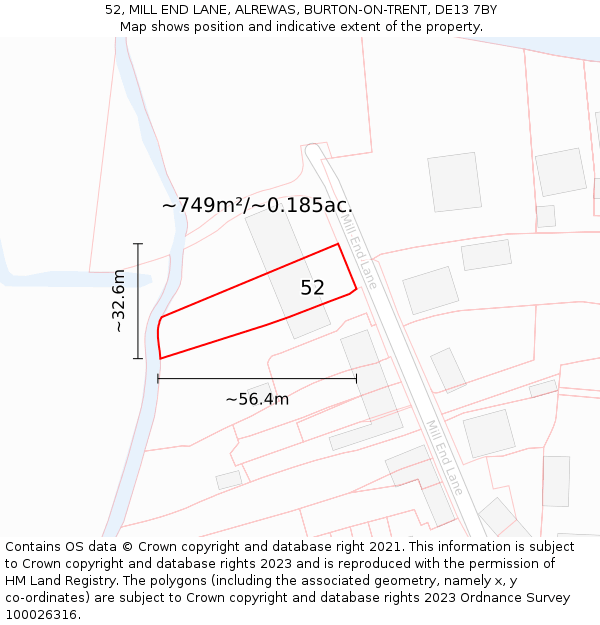 52, MILL END LANE, ALREWAS, BURTON-ON-TRENT, DE13 7BY: Plot and title map