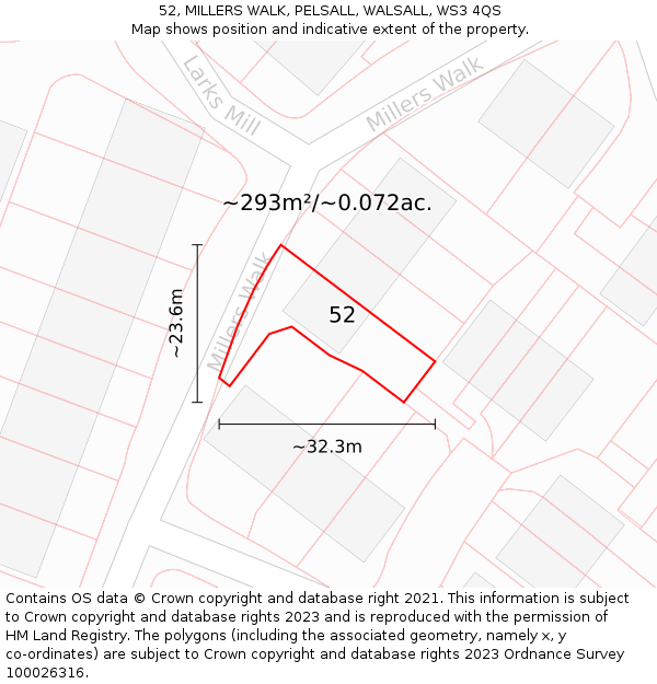 52, MILLERS WALK, PELSALL, WALSALL, WS3 4QS: Plot and title map