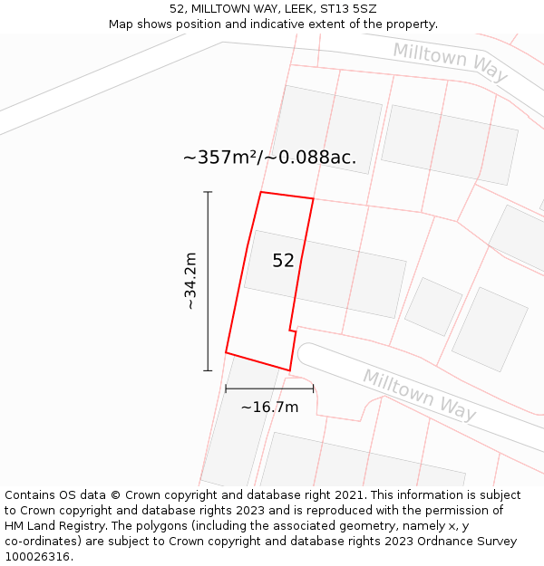 52, MILLTOWN WAY, LEEK, ST13 5SZ: Plot and title map