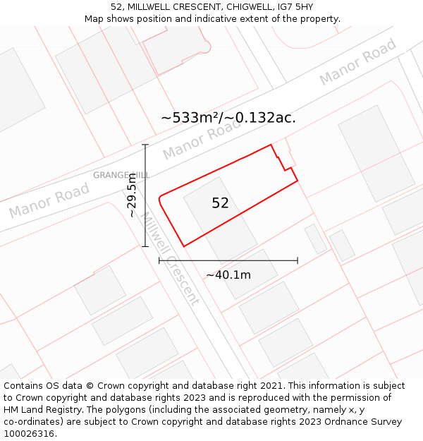 52, MILLWELL CRESCENT, CHIGWELL, IG7 5HY: Plot and title map