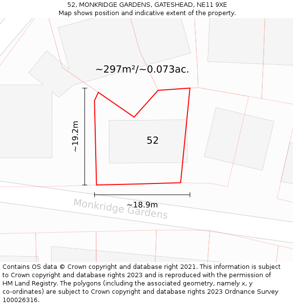 52, MONKRIDGE GARDENS, GATESHEAD, NE11 9XE: Plot and title map