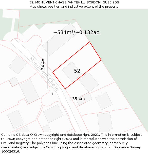 52, MONUMENT CHASE, WHITEHILL, BORDON, GU35 9QS: Plot and title map