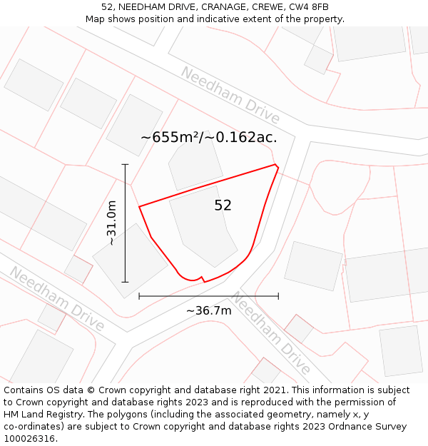 52, NEEDHAM DRIVE, CRANAGE, CREWE, CW4 8FB: Plot and title map