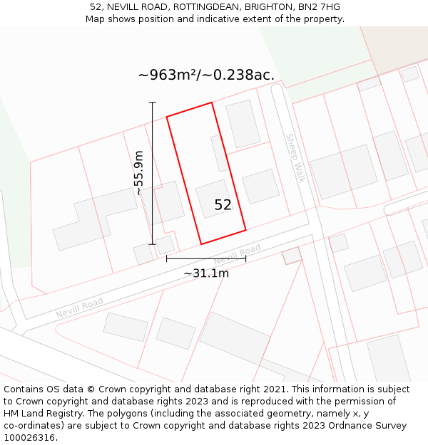 52, NEVILL ROAD, ROTTINGDEAN, BRIGHTON, BN2 7HG: Plot and title map