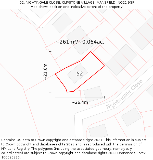 52, NIGHTINGALE CLOSE, CLIPSTONE VILLAGE, MANSFIELD, NG21 9GF: Plot and title map