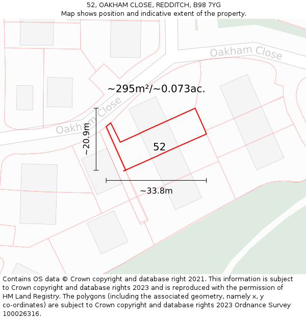 52, OAKHAM CLOSE, REDDITCH, B98 7YG: Plot and title map