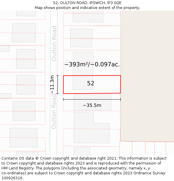 52, OULTON ROAD, IPSWICH, IP3 0QE: Plot and title map