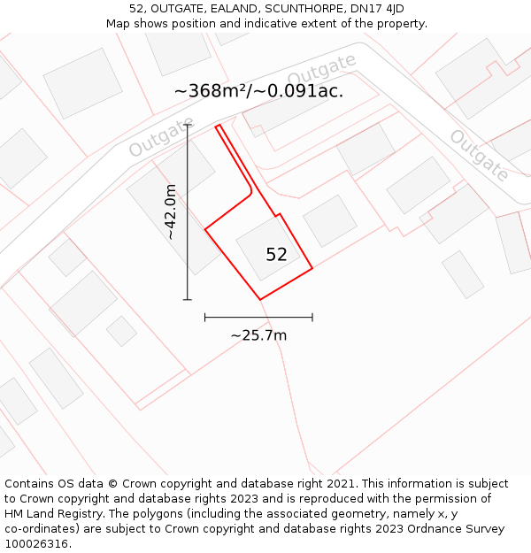 52, OUTGATE, EALAND, SCUNTHORPE, DN17 4JD: Plot and title map