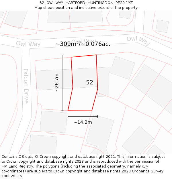 52, OWL WAY, HARTFORD, HUNTINGDON, PE29 1YZ: Plot and title map