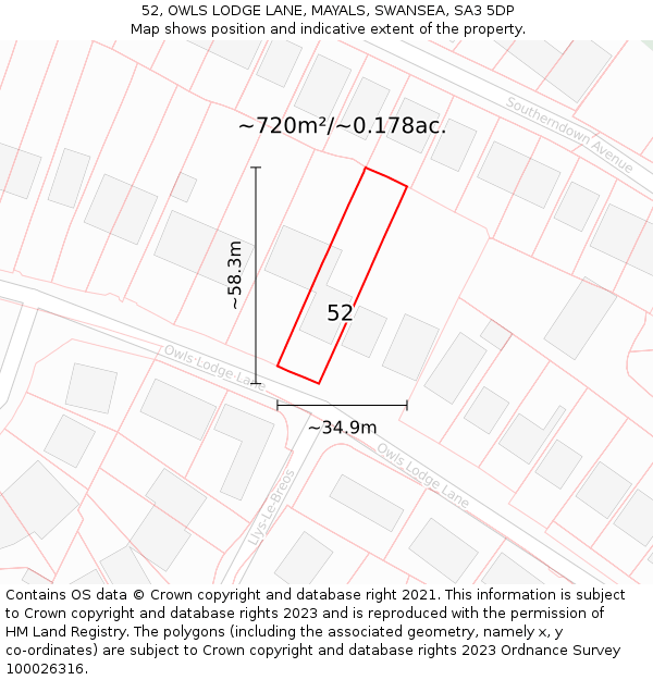 52, OWLS LODGE LANE, MAYALS, SWANSEA, SA3 5DP: Plot and title map