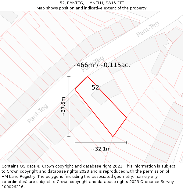 52, PANTEG, LLANELLI, SA15 3TE: Plot and title map