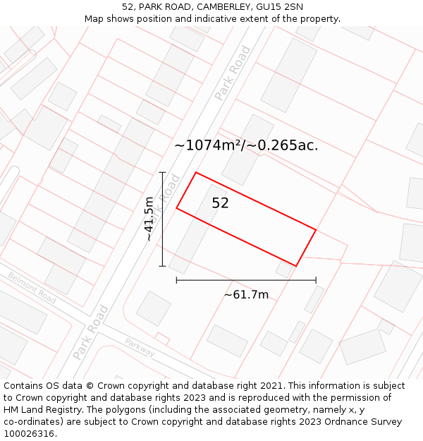 52, PARK ROAD, CAMBERLEY, GU15 2SN: Plot and title map