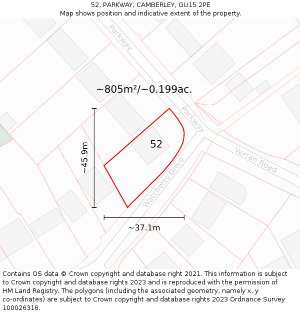 52, PARKWAY, CAMBERLEY, GU15 2PE: Plot and title map