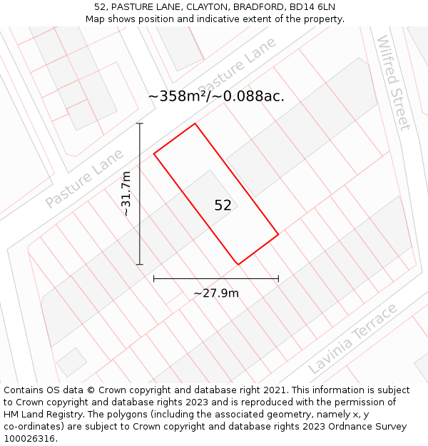 52, PASTURE LANE, CLAYTON, BRADFORD, BD14 6LN: Plot and title map