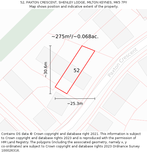 52, PAXTON CRESCENT, SHENLEY LODGE, MILTON KEYNES, MK5 7PY: Plot and title map