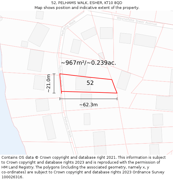 52, PELHAMS WALK, ESHER, KT10 8QD: Plot and title map