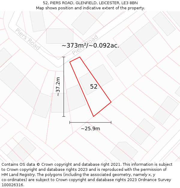 52, PIERS ROAD, GLENFIELD, LEICESTER, LE3 8BN: Plot and title map