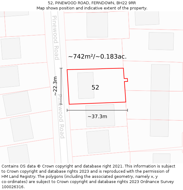 52, PINEWOOD ROAD, FERNDOWN, BH22 9RR: Plot and title map