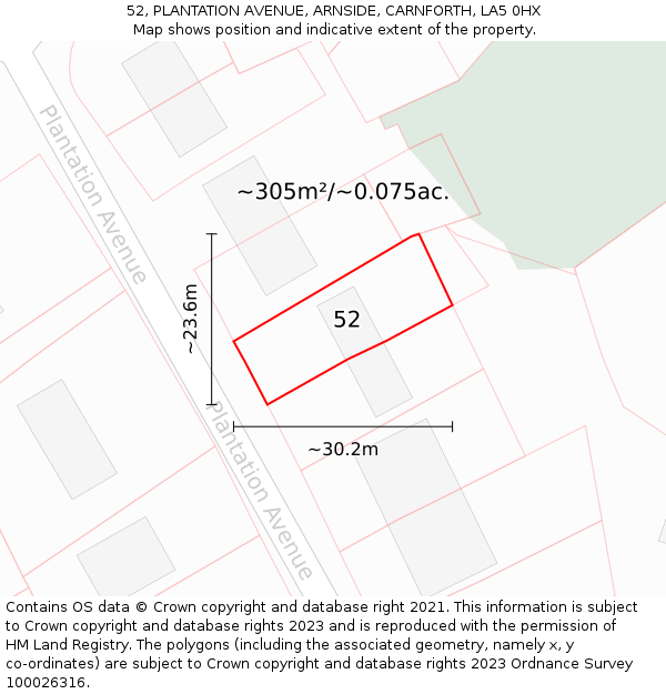 52, PLANTATION AVENUE, ARNSIDE, CARNFORTH, LA5 0HX: Plot and title map