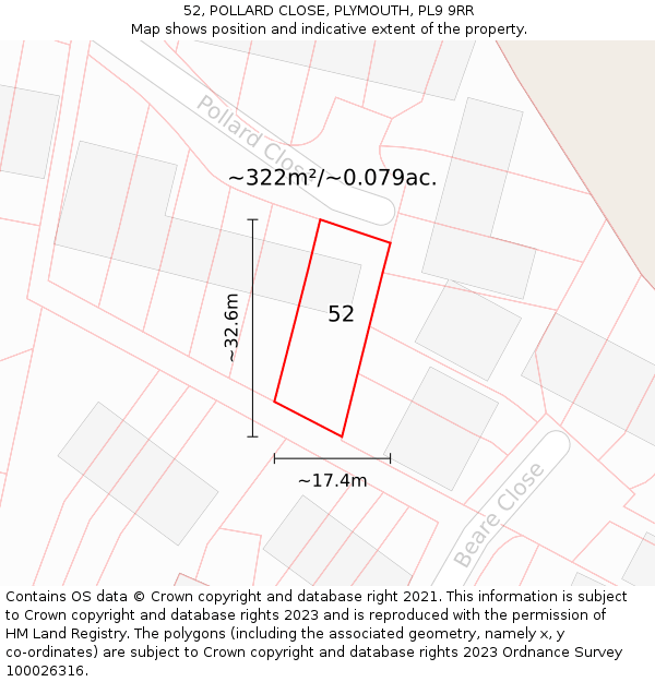 52, POLLARD CLOSE, PLYMOUTH, PL9 9RR: Plot and title map