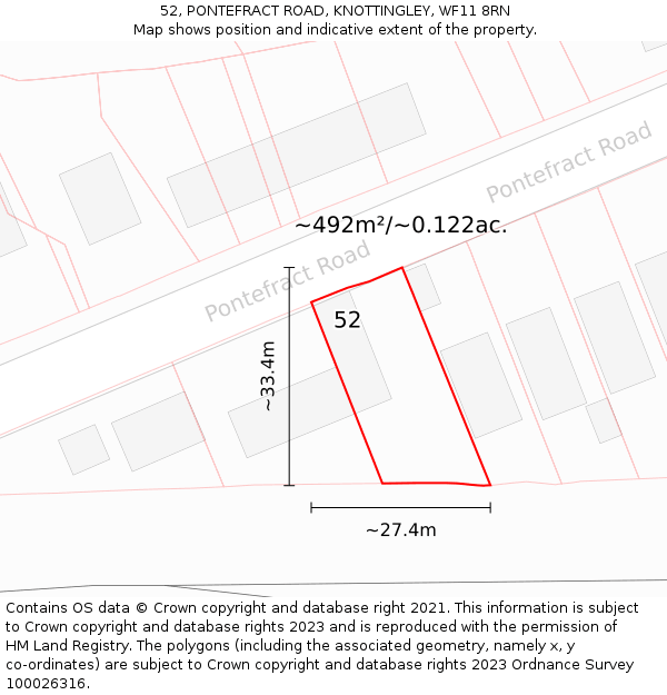 52, PONTEFRACT ROAD, KNOTTINGLEY, WF11 8RN: Plot and title map