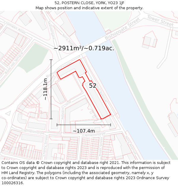 52, POSTERN CLOSE, YORK, YO23 1JF: Plot and title map