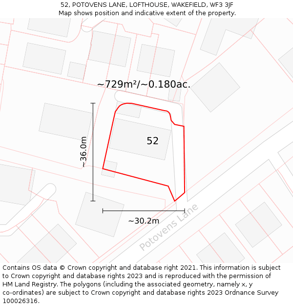 52, POTOVENS LANE, LOFTHOUSE, WAKEFIELD, WF3 3JF: Plot and title map